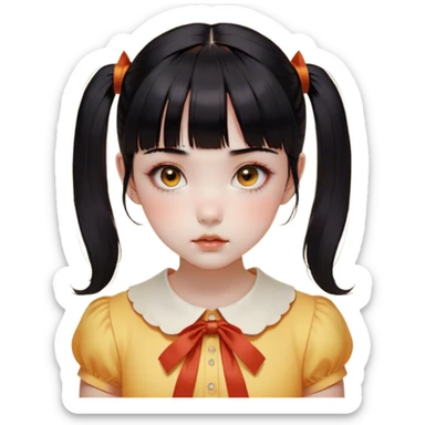 Face: Round with a porcelain-like finish, slightly eerie but innocent expression.
	•	Eyes: Large, dark, and slightly glossy, with a red sensor-like glow when activated.
	•	Hair: Black, neatly tied into two low pigtails with short bangs.
	•	Outfit: Yellow-orange short-sleeved shirt with a Peter Pan collar and a high-waisted orange jumper dress.
	•	Details: A small, unsettling smile and a slightly tilted head to capture her eerie nature. sticker