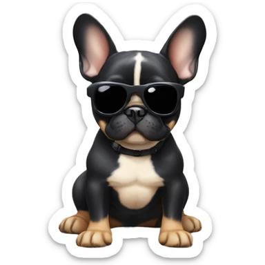 French bulldog with black body and ears and tan paws and belly with sunglasses sticker