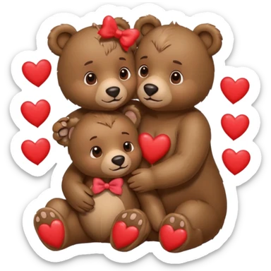 female bear with bow on her head and male bear hugging, couple, surrounded by hearts, playful and loving, cute sticker