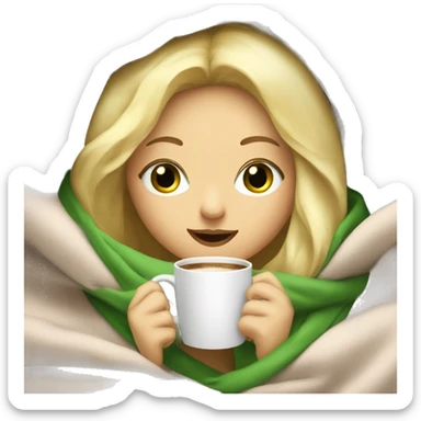 blonde girl inside a blanket sipping coffee blonde hair green eyes sticker