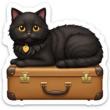 Black fluffy cat with suitcase in sunny place sticker