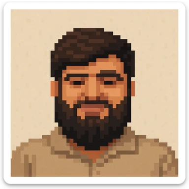 Create a pixel art portrait of the person in the reference image with simplified facial features and a pixelated style. Use a neutral background. The style should resemble pixel art. sticker