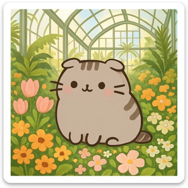 scottish fold pusheen cat surrounded by flowers in a botanical garden greenhouse sticker