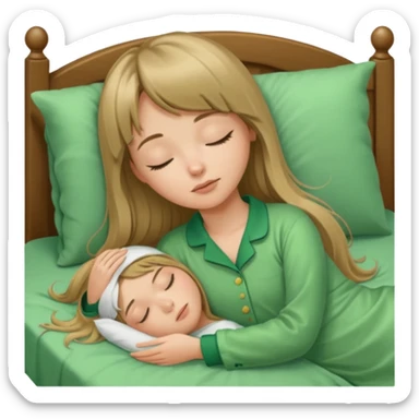 Young woman with long dark blond hair and a bang sleeping in bed  with green pyjama sticker