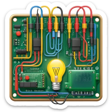 An icon featuring circuit boards, glowing wires, and a multimeter, symbolizing electrical engineering. The design includes a light bulb, voltage symbols, and electric currents flowing through components, representing the study and application of electricity. Transparent background sticker
