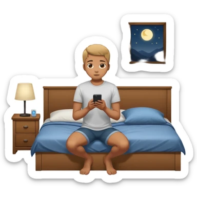 Gen Z young person kneeling beside bed in bedroom at night praying, smartphone on nightstand, wearing casual clothes, dim lighting, posters on wall sticker