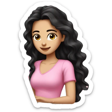 Beautiful girl,Black hair,wavy hair，long hair,Black eyes,Chinese, typing on laptop, Pink top  sticker