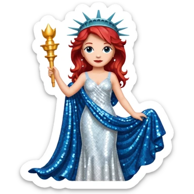 Lady Liberty from Film Studios with red wavy hair, white sequin gown, blue sequin drape sticker