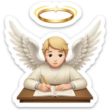 Person writing essay with "Dear God" with halo and angel wings sticker