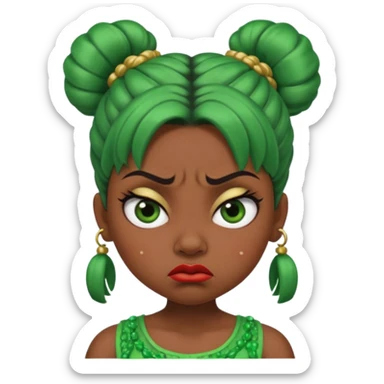 Create a 3D cartoon-style girl character with dark skin, round face, angry expression, big wide eyes, and tightly styled double buns made of green beaded hair. The girl should look irritated, eyebrows sharply angled, and lips pressed in a frown. sticker
