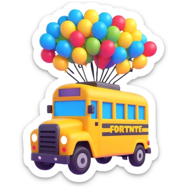 Fortnite battle bus, 3D emoji style, floating with balloons, bright colors sticker