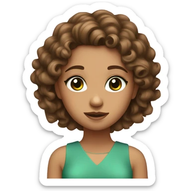 Girl have dark green eyes and have curly brown hair and she wear pink dress sticker