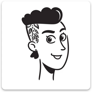 head of a white man with mohawk, earring, and head tattoo sticker