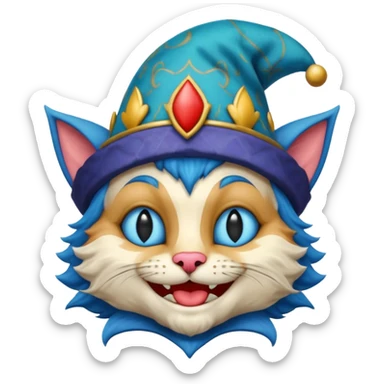 crazy colorful cute little cat jolly joker, medieval, vintage, court jester, mac os icon, blue color sticker