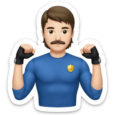 generate an ios genmoji of a 20 year old boy with shoulder length hair and a mullet. cop mustache. BIG biceps and wearing a full sleeve tshirt that fits his biceps sticker