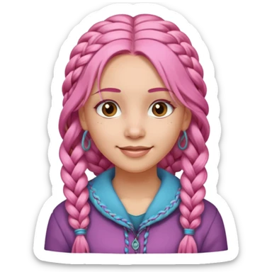A light-skinned woman with long pink hair styled in braids, brown eyes, and a gentle smile. sticker