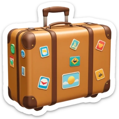 A 3D cartoon suitcase placed on the ground with travel stickers, soft sunlight, warm tone, realistic Memoji-style design. sticker