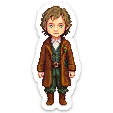 Whole body image of bilbo baggins from the hobbit movie in pixel art style. Bilbo is younger. Make Bilbo look like the actor that portrayed him in the movie, Martin Freeman. Bilbo is wearing the same outfit he was wearing when he left the shire with Thorin Oakenshield. sticker
