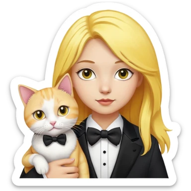 A girl with yellow hair(not so blonde), small dark eyes, light skin, holding a tuxedo cat sticker