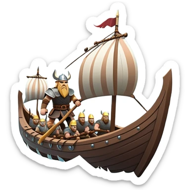 clash-of-clans-aesthetic_-cinematic-viking-longboat, rendered in a flat, bold vector style with minimal shading, featuring a striking dragon-headed prow slicing through icy, churning waters. shields on the side and vikings rowing The longboat’s intricately detailed shields and carved motifs evoke a sense of epic adventure and Nordic might, with billowing sails catching a dramatic, stormy sky backdrop. sticker