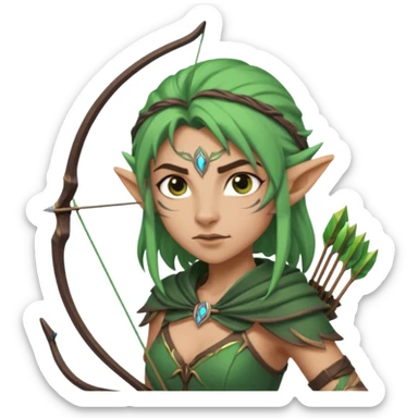 night elf archer, simplified and bold style, clear facial expression, holding a bow, fun and readable at small size, sized and composed for Twitch emoji sticker