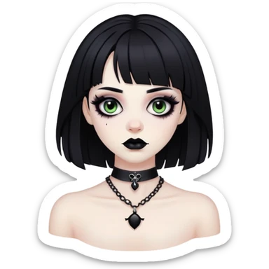 black goth with pale skin, dark makeup, black hair sticker
