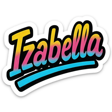 Izabella name in modern colorful gradient font with dark outline, dynamic slanted or partial underline, in the style of reference patterns sticker