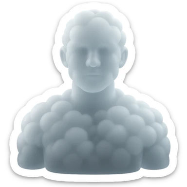 person looking straight, fully made of white fluffy convex clouds, shoulders, matte glass style sticker