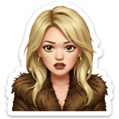 Cinematic realistic ultra HD - up profile, angry, glamorous extremely made up Hilary Duff extremely long long hair in shaggy fur coat with bronze flash sticker