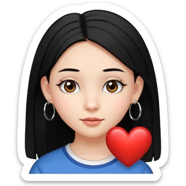 a young 8th grade school girl, with fair skin, heart shape face, has medium length straight black hair and with hoops earrings. sticker