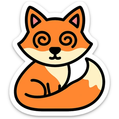 dizzy fox with spiral eyes, tail curled, no background sticker