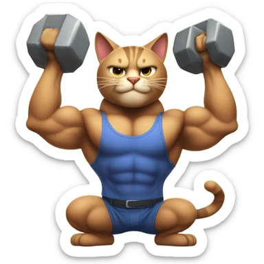 Really really muscular cat lifting weights  sticker