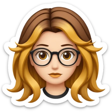 Uma garota de cabelos cacheados com mechas loiras, com pele morena clara e óculos sticker