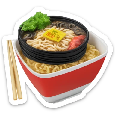 Sealed black plastic noodle package with red and white lettering, showing a photo of ramen with noodles, meat, and chili on the front. The package is crinkled, like typical instant noodles, with a red logo and bold Korean text. sticker