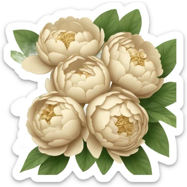 Big bouquet of beige peonies with a gold bow sticker