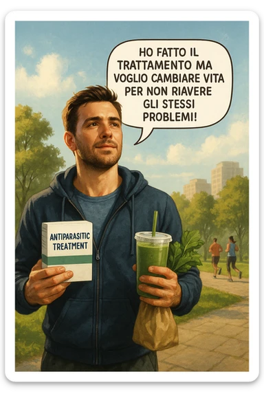 A realistic, cinematic illustration of a man in his early 30s with a determined and hopeful expression, standing outside under a bright morning sky, holding a small box labeled 'Antiparasitic Treatment' in one hand, while in the other hand he holds a fresh green smoothie or a bag of vegetables. A speech bubble near him says: ‘Ho fatto il trattamento ma voglio cambiare vita per non riavere gli stessi problemi!’ The man is wearing casual but clean and sporty clothing, symbolizing a fresh start, with the background showing a city park with green trees, morning light, and people jogging, indicating a healthy lifestyle. The atmosphere is bright, uplifting, and motivating, clearly illustrating the transition from treatment to lifestyle change to prevent future health issues. The style is realistic with warm tones, showing positive energy and commitment to change in italiano sticker