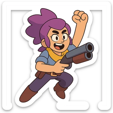 Shelly from Brawl Stars, energetic pose, vibrant colors, cartoon style sticker