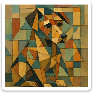 {
  "style_description": {
    "name": "Cubist Abstraction",
    "overall_look": "Deconstructed, multi-perspective abstraction with intersecting geometric planes",
    "composition": {
      "structure": "Fractured and fragmented shapes that overlap and intersect",
      "perspective": "Multiple simultaneous viewpoints, often distorted or rotated",
      "layout": "Asymmetrical, collage-like arrangement of visual elements"
    },
    "geometry": {
      "shapes": ["rectangles", "triangles", "trapezoids", "irregular polygons"],
      "edge_style": "hard, angular lines with minimal curves",
      "dimensionality": "flattened depth with layered planes"
    },
    "color": {
      "palette_type": "muted and earthy tones with occasional vivid accents",
      "application": "flat fills, overlapping transparencies, and color-blocked segments",
      "shading": "minimal or abstract, without realistic gradients"
    },
    "texture": {
      "use": "optional",
      "types": ["paper grain", "brushstroke pattern", "canvas roughness"],
      "purpose": "to evoke an analog, hand-rendered quality"
    },
    "subject_treatment": {
      "representation": "symbolic and abstract rather than literal",
      "distortion": "intentional exaggeration and fragmentation of form",
      "focus_on": ["structure", "form relationships", "compositional rhythm"]
    },
    "background": {
      "style": "integrated with subject forms",
      "purpose": "to emphasize the composition rather than isolate figures"
    },
    "render_constraints": {
      "avoid": ["realistic lighting", "photorealism", "perfect symmetry"],
      "encourage": ["overlapping shapes", "multi-angle views", "abstract composition"]
    }
  }
}

{subject} = dog sticker