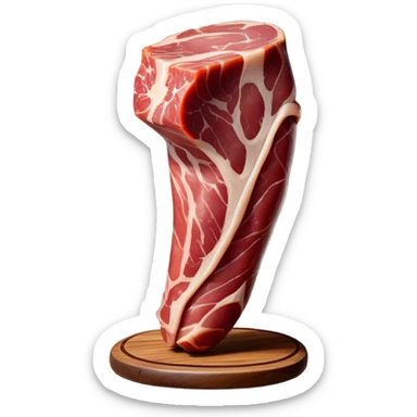 ​Cinematic Realistic Spanish Jamón Leg, depicted as a massive, cured leg of Jamón serrano with a deep reddish-brown hue, intricately marbled and slightly glossy with age, elegantly displayed on a rustic wooden stand and bathed in warm, soft lighting that accentuates its artisanal heritage, sticker