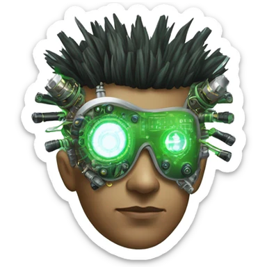 Green Mohawk hair male cyborg head with white steampunk goggles and circuits sticker