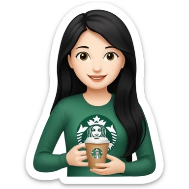A young girl with long black hair, reaching up to her belly, holds a cup of Starbucks coffee.
 sticker