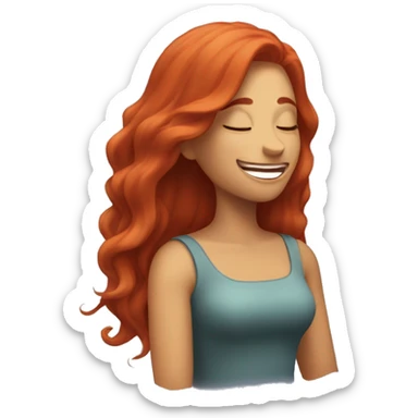  woman with long red hair gently chuckling, happy, eyes closed, subtle laughter, 3/4 view sticker