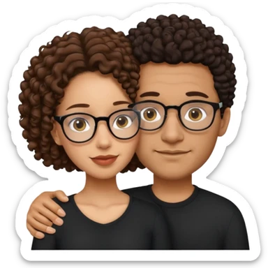 A mixed girl with glasses, the girl is wearing a black shirt, the girl has brown curly hair  and the girl has big boobs. A Mexican man is embracing her, with black bald hair sticker