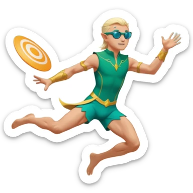 elf male legolas launching a frisbee woven from pure sunlight, wearing sporty teal swim shorts and performance sunglasses, pointy ears, dynamic motion lines, beach sky backdrop, centered emoji sticker