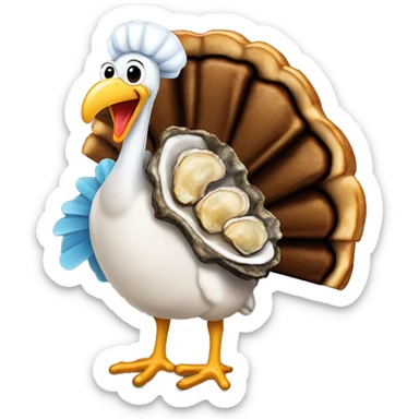 Standing Turkey next to very Burnt dark toast and oysters sticker