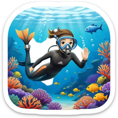 An icon featuring a close-up of a freediving mask and snorkel, with a breath-holding diver's fins, set against a vibrant underwater world. The design includes coral reefs, fish, and bubbles, symbolizing the serene beauty and thrill of freediving. Transparent background highlights the calm sticker