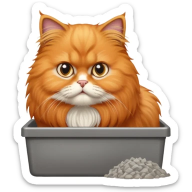 Orange Persian cat pooping in a litter box sticker