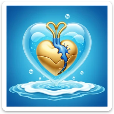 Golden floating capsule wrapped in soft blue liquid waves, slowly spinning around a translucent heart and a shining brain, with flashes of calmness that expand like waves in water sticker