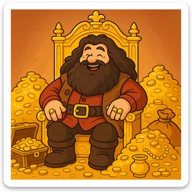 A cartoon Hagrid sitting on a throne made of gold, with piles of treasure around him, looking happy and rich, colorful, cartoon style sticker