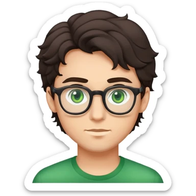 young man with dark slightly curled hair wearing glasses with green eyes sticker